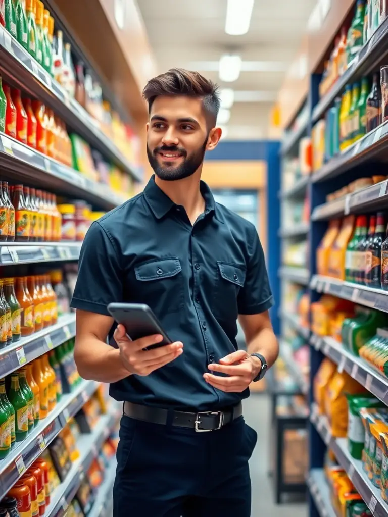 A retail employee efficiently updating shelf tags using a mobile device connected to Pangea CDS's software, demonstrating ease of use and time savings.
