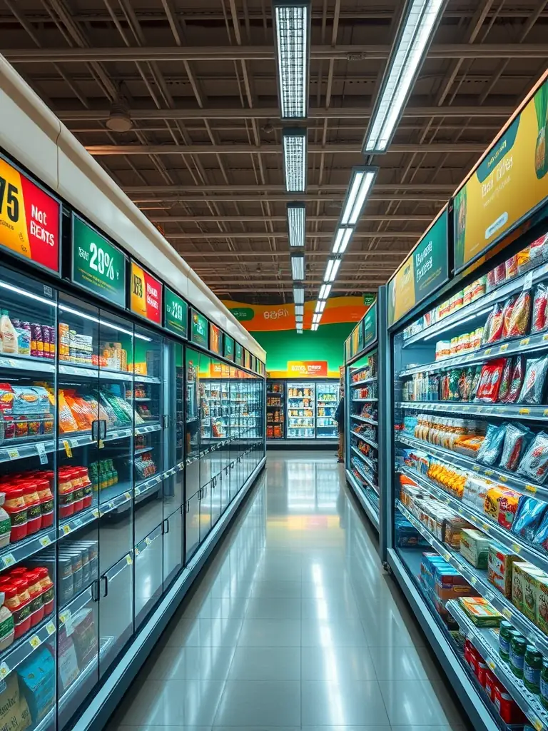 A brightly lit grocery store aisle with clear, digitally updated price tags and promotional displays managed by Pangea CDS software, showcasing improved price accuracy and visual appeal.
