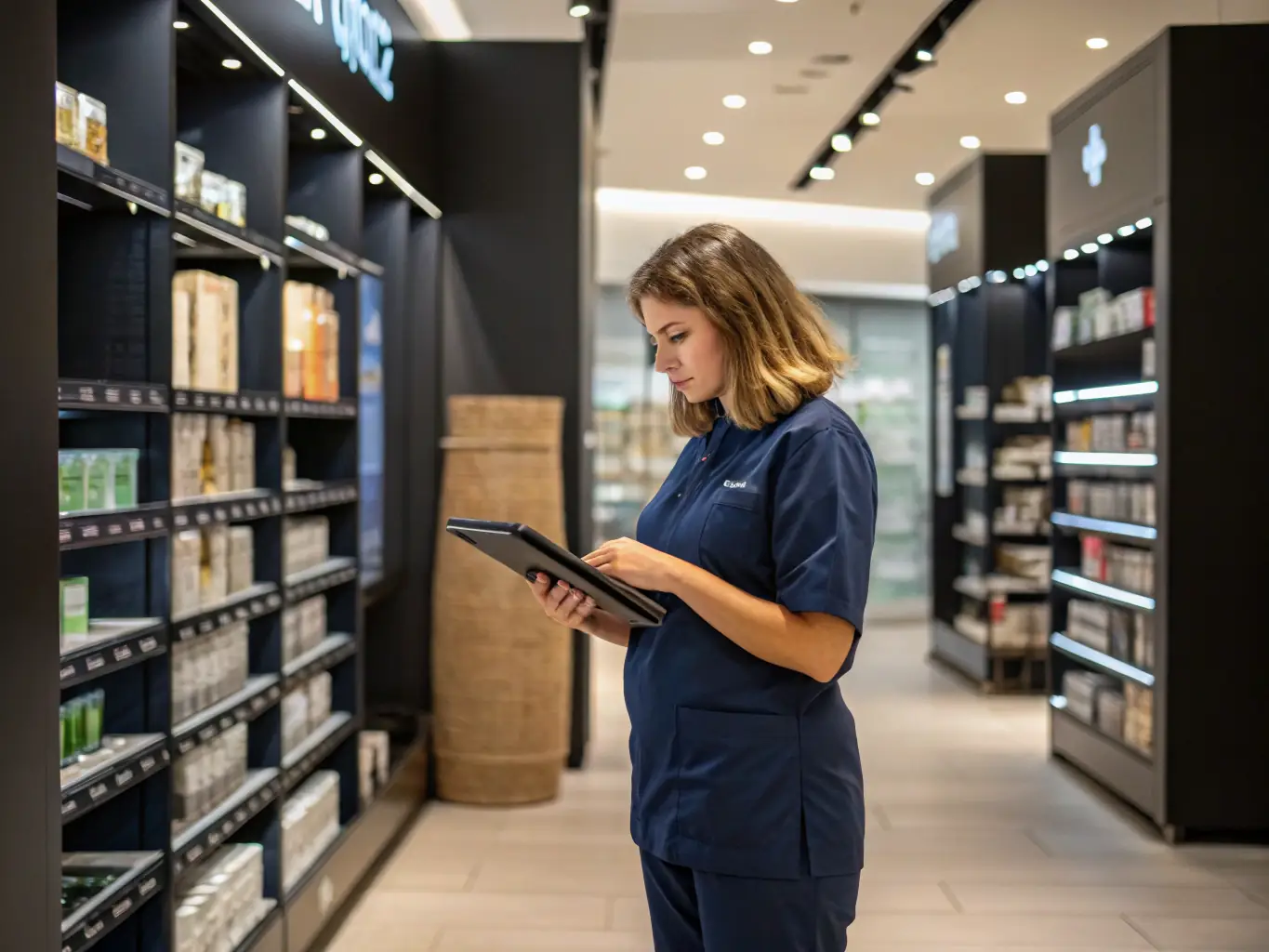 An image of a retail employee using a tablet to manage shelf tags and signage, demonstrating the ease of use and remote management capabilities of Pangea CDS software.