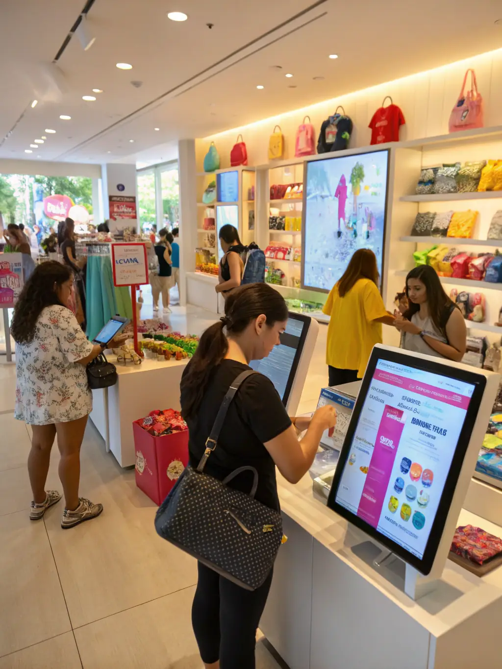A visually appealing display of promotional materials in a department store, managed by Pangea CDS software, highlighting increased customer engagement and sales.