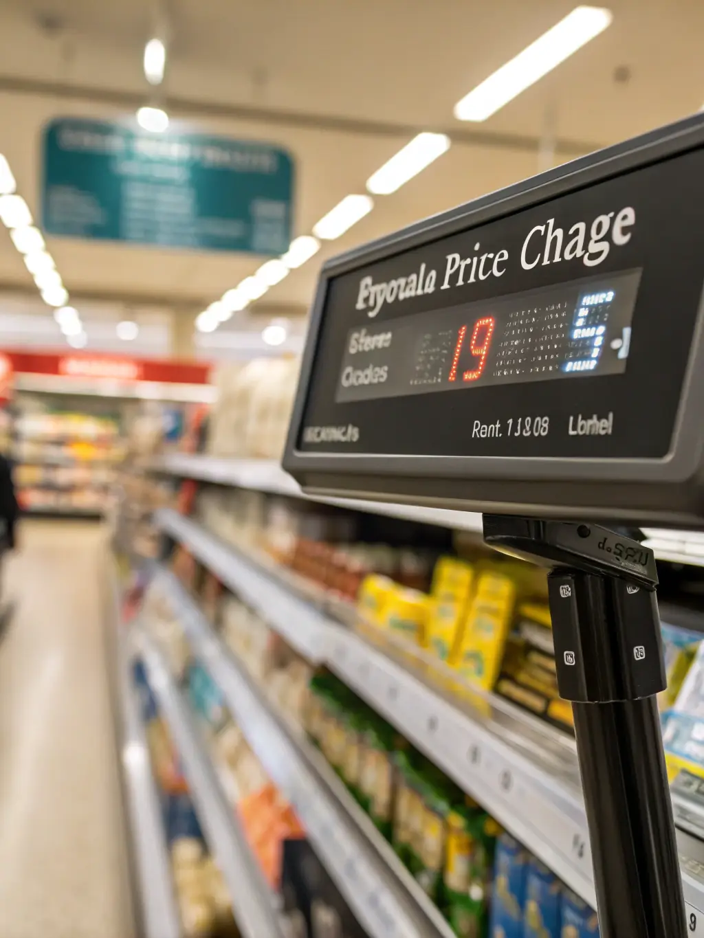 A close-up shot of a digital price tag on a grocery store shelf, displaying the price and product information clearly. The focus is on the clarity and ease of readability of the tag.