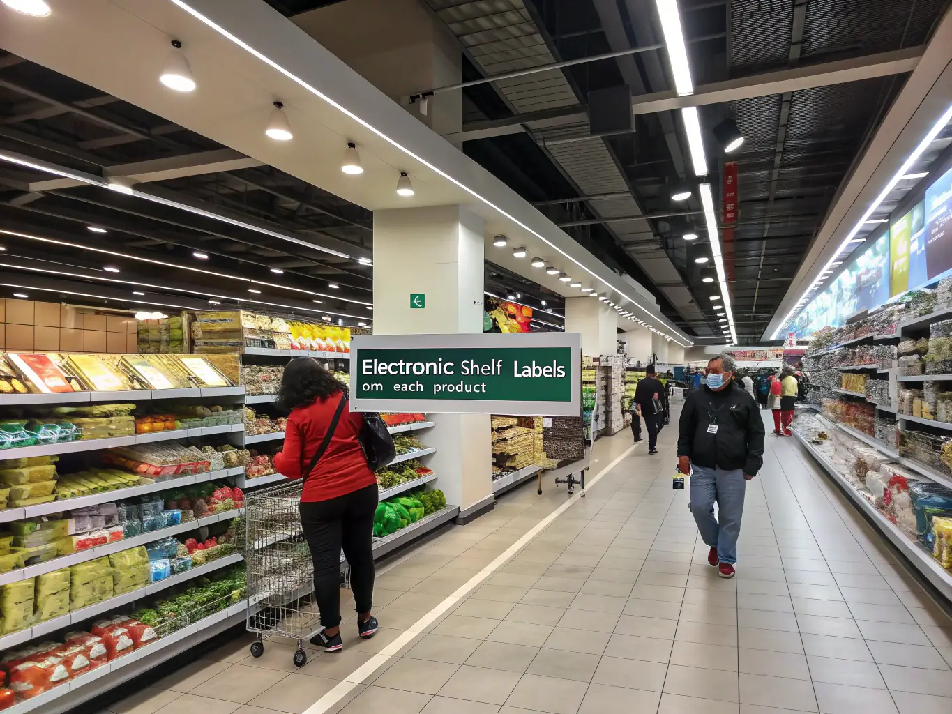 A brightly lit grocery store aisle featuring digital shelf tags displaying product information and pricing, all managed by Pangea CDS software. The scene emphasizes clarity, organization, and modern technology integration.