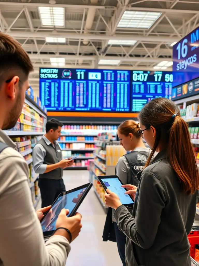 A retail employee using a handheld device to update shelf tags in real-time, showcasing the efficiency and ease of use of the software.