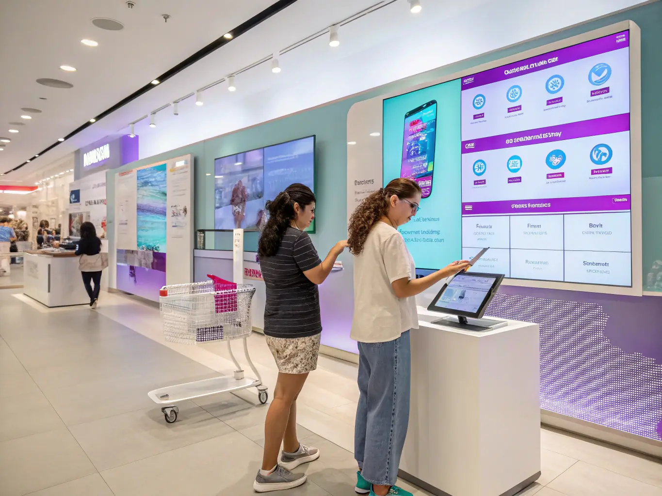 A visually appealing display of customized shelf tags and digital signage in a clothing retail store, highlighting the customization options available through Pangea CDS.