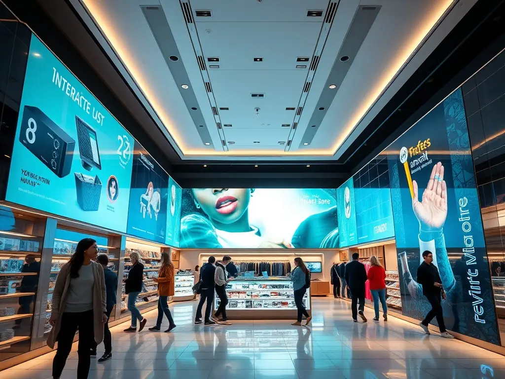A modern retail store showcasing interactive displays and promotional signage, all powered by Pangea CDS software. The scene emphasizes customer engagement and a seamless shopping experience.