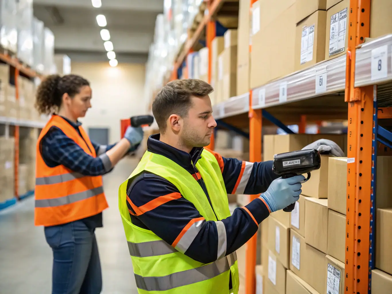 A busy wholesale distribution center with employees using handheld devices to manage inventory and pricing, connected to Pangea CDS's software platform. The image highlights efficiency and real-time data management.