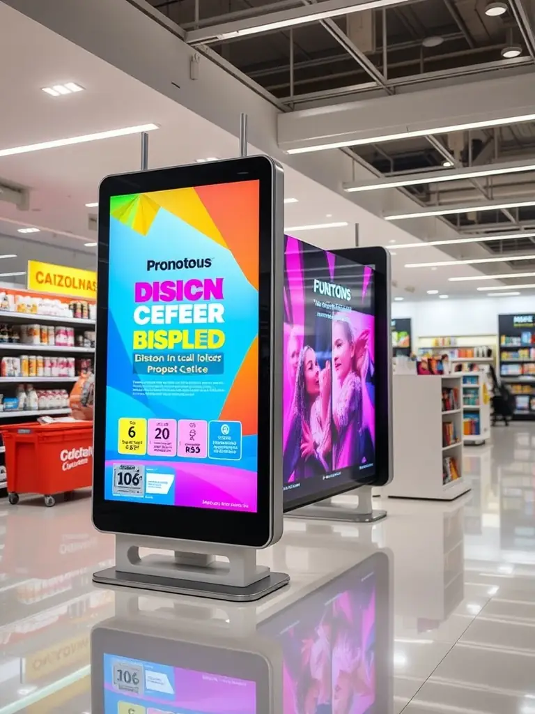 A variety of in-store marketing materials, including signs, banners, and displays, all managed through Pangea CDS's software solution.